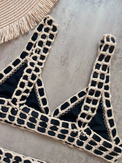 Sexy Black Patchwork Hand Crochet Bikini Set Women 2026 V Neck Push Up Bra Thong Swimsuit Beach Bathing Suit Knitted Swimwear - -