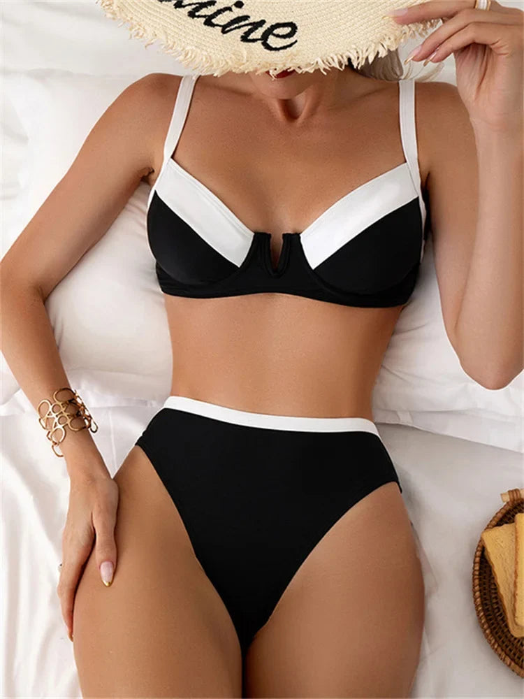 Sexy Black White Patchwork Bikini 2024 Women Halter V Underwire Push Up Micro Swimsuit Beach Bathing Suit High Waist Swimwear - -