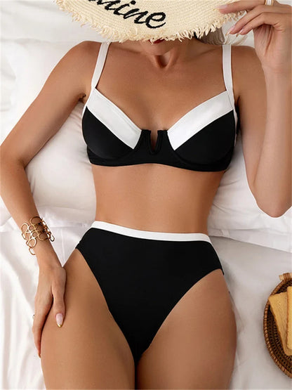 Sexy Black White Patchwork Bikini 2024 Women Halter V Underwire Push Up Micro Swimsuit Beach Bathing Suit High Waist Swimwear - -