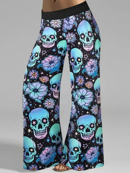 Hallowmas Skull Flower Print Pants Woman 2025 Plus Size Elastic Waist Wide Leg Pant Casual Large Full-length Trousers - -