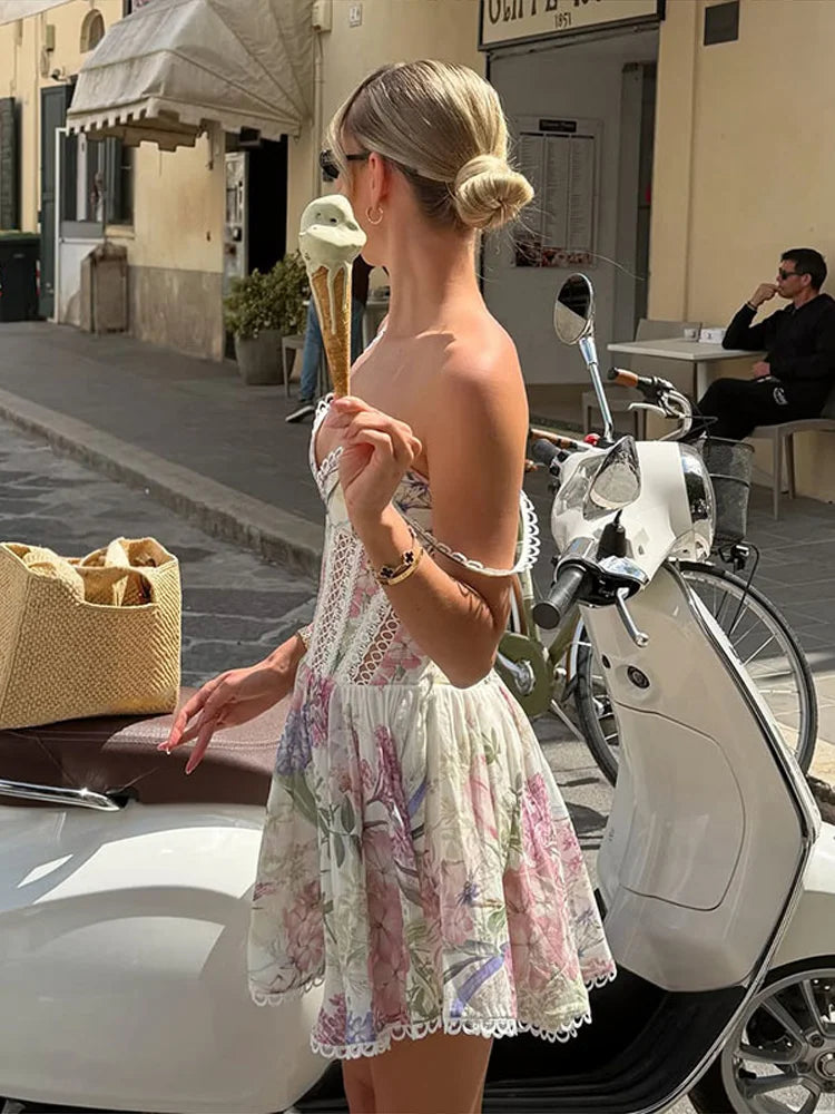 Printed V-Neck Lace Hollow Out A-Line Pleated Women's Dress Spaghetti Strap - -