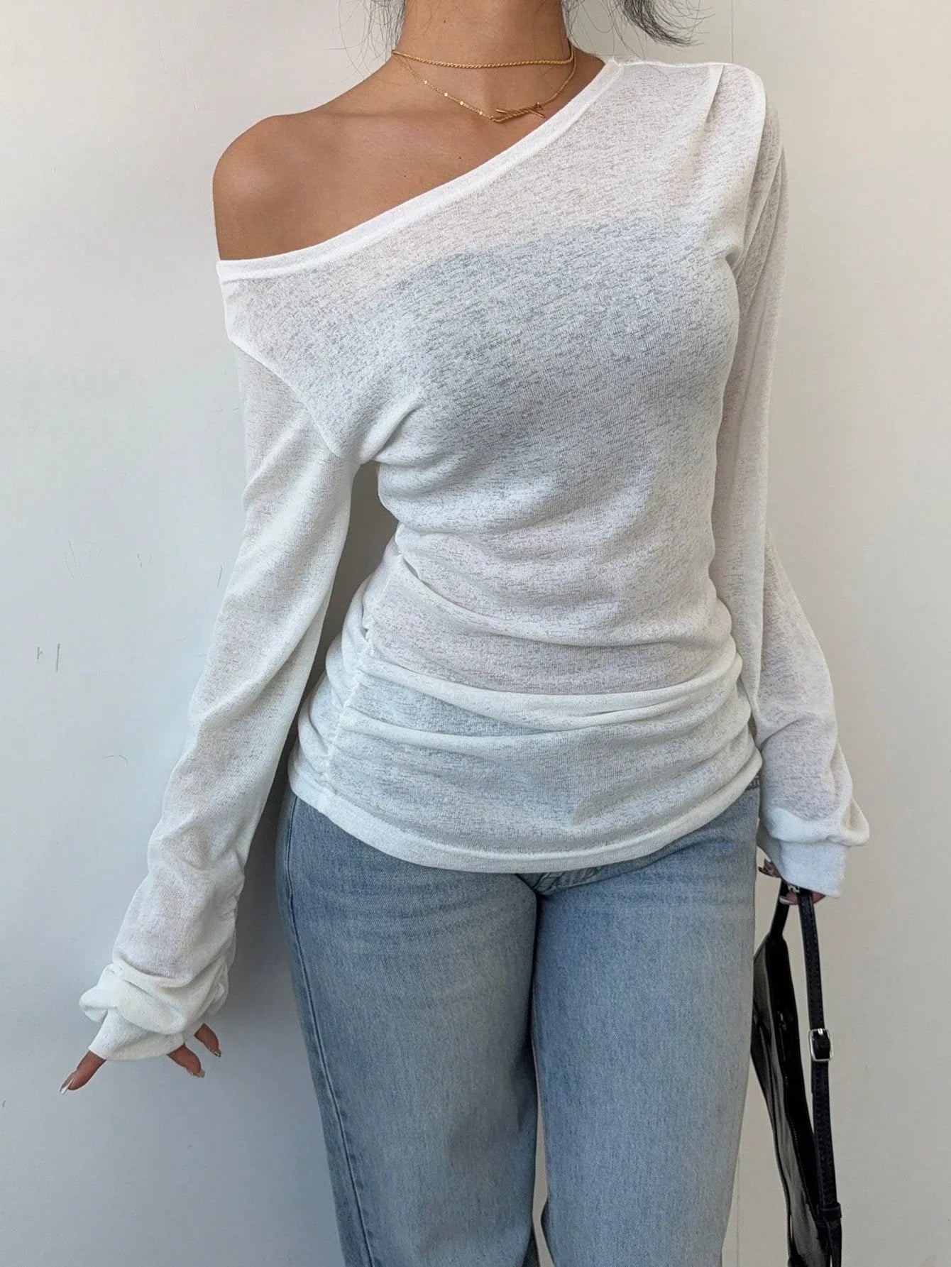 Women's Casual Solid Color Slope Collar Long Sleeved T-Shirt Loose Slouchy Style See-Through Off The Shoulder Top - -