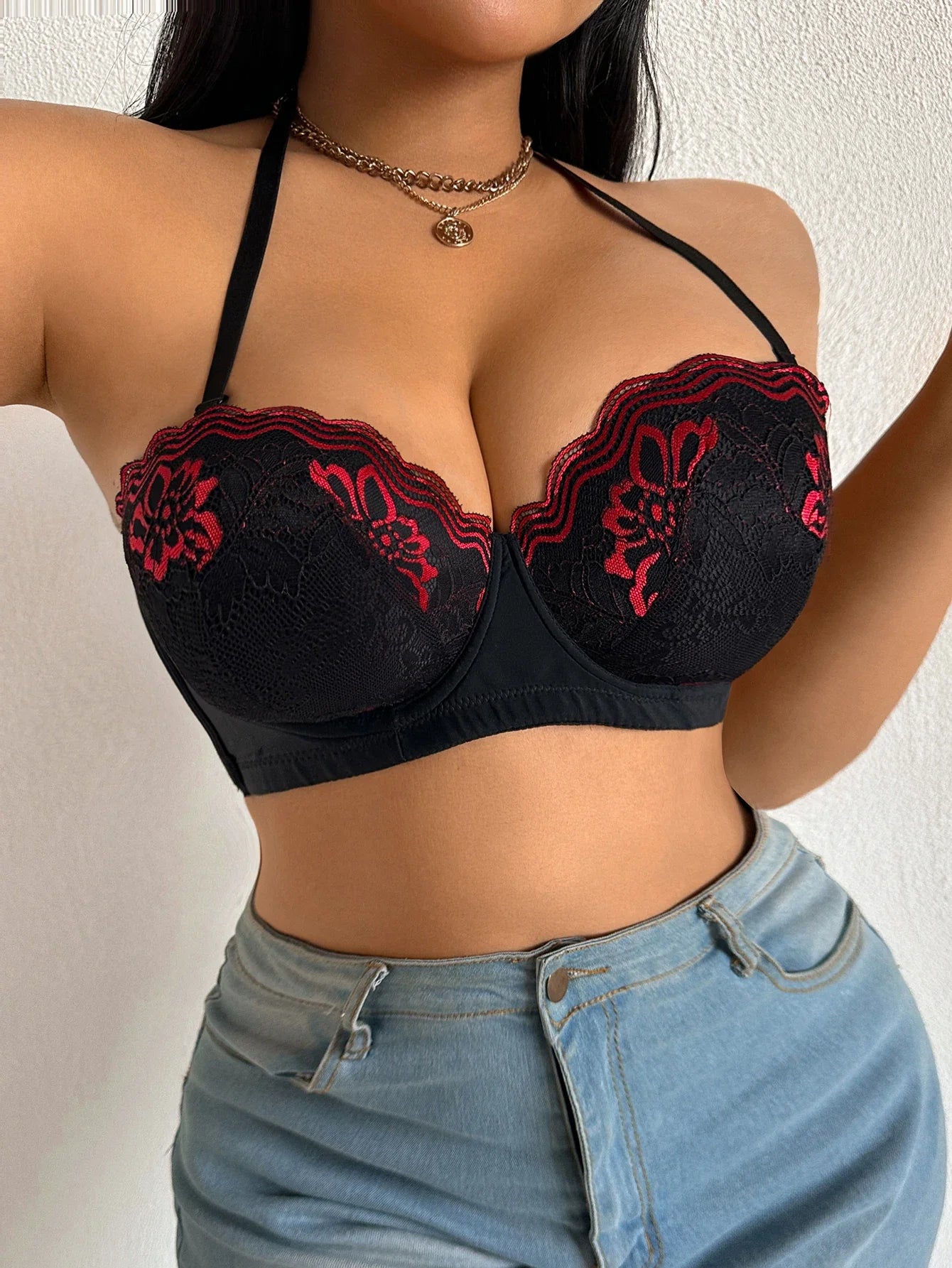 B C D Thin Cup Floral Lace Large Size Bra Side-Breast-Enhancing Silicone Pad Minimizer Push up Comfortable Bra - black -