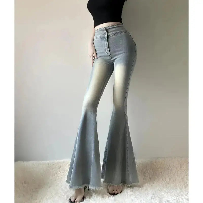 Fishtail Hem Denim Flare Pants - - Pants