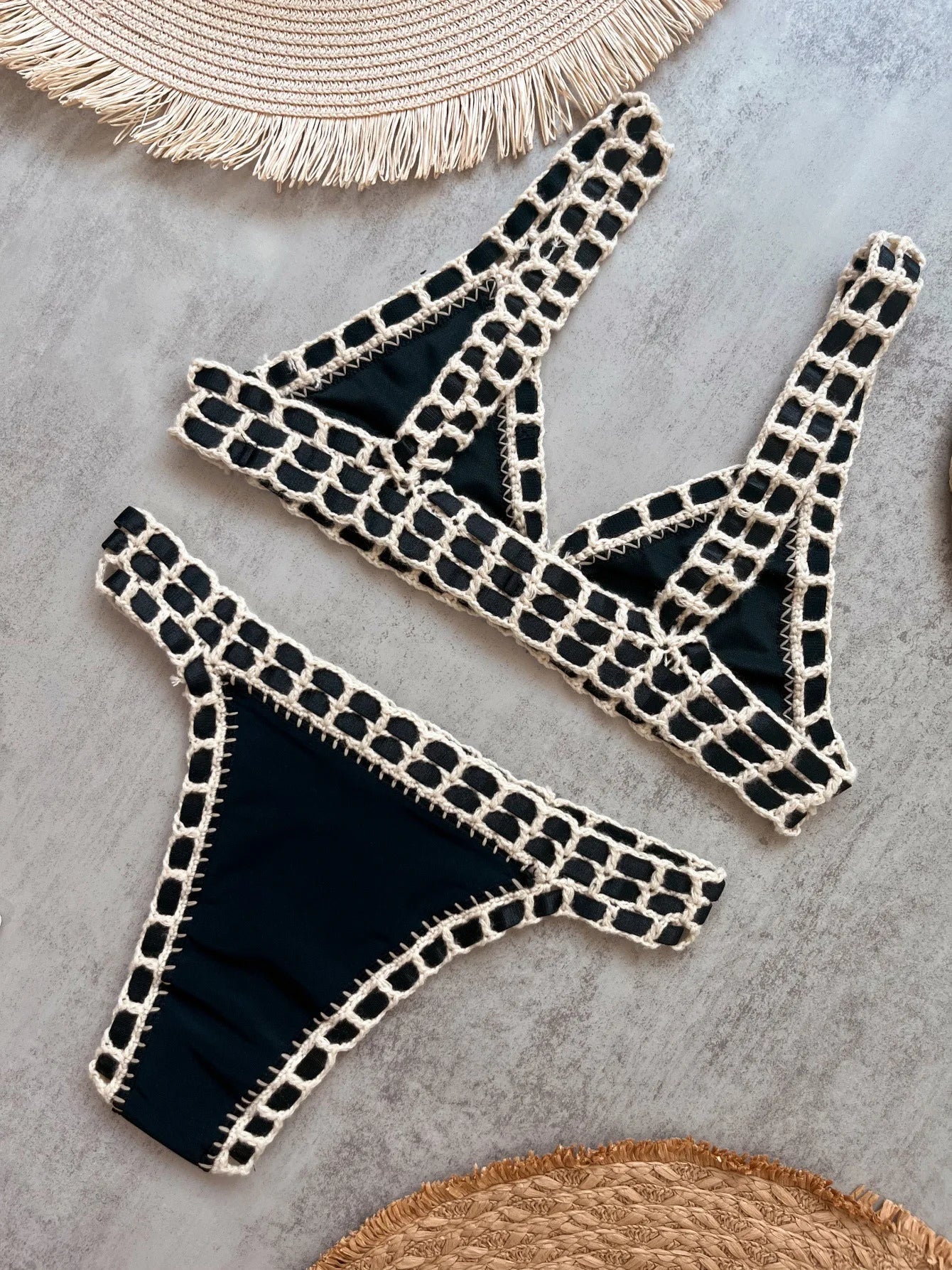 Sexy Black Patchwork Hand Crochet Bikini Set Women 2026 V Neck Push Up Bra Thong Swimsuit Beach Bathing Suit Knitted Swimwear - -