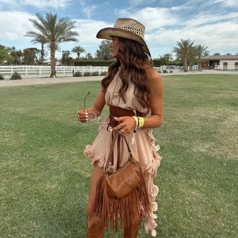 Elegant Ruffle Mini Skirt Set Women Sleeveless Halter Irregular Ruffles Top Mini Loose Short Skirts Sets 2025 Summer Lady Suit - -