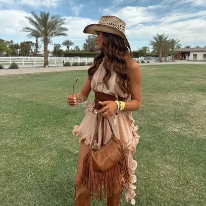 Elegant Ruffle Mini Skirt Set Women Sleeveless Halter Irregular Ruffles Top Mini Loose Short Skirts Sets 2025 Summer Lady Suit - -