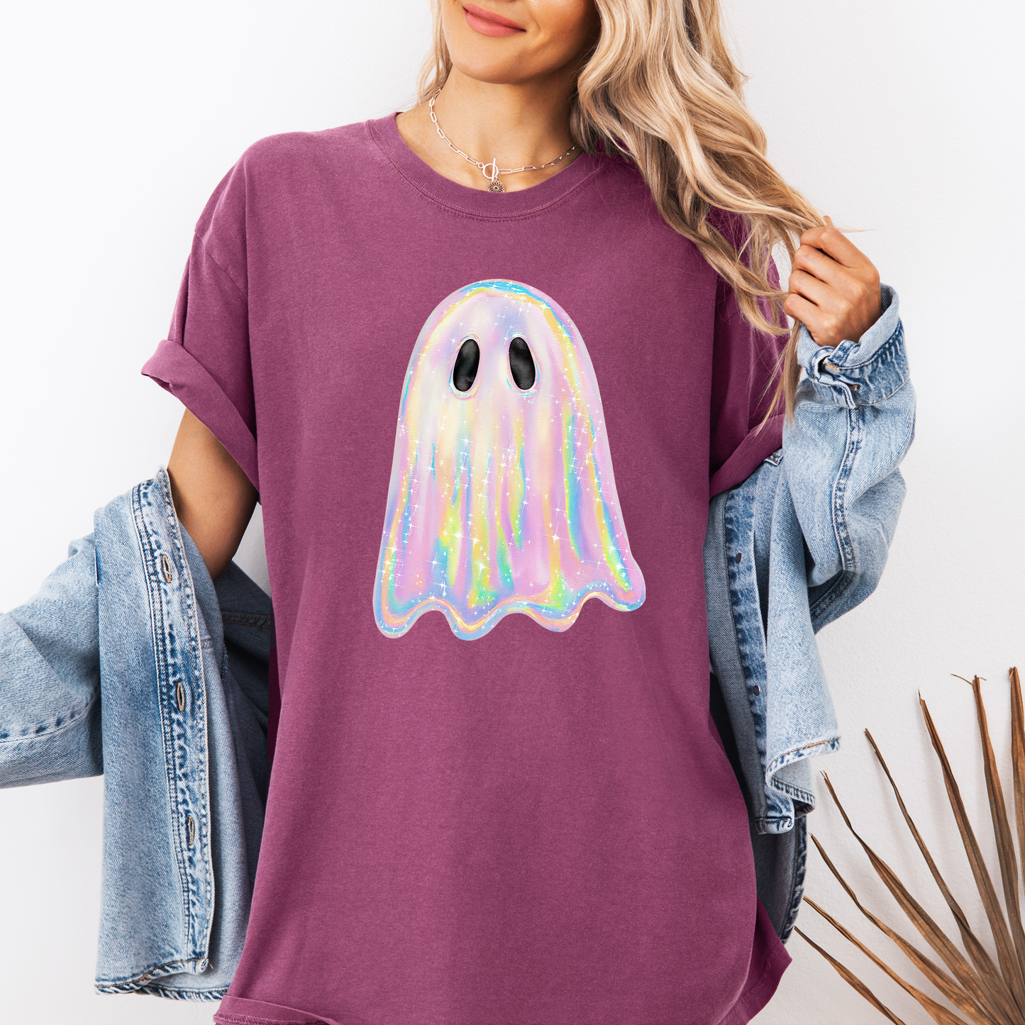 Shimmering Ghost Faux Glitter Comfort Colors Tee - Berry - T-Shirt
