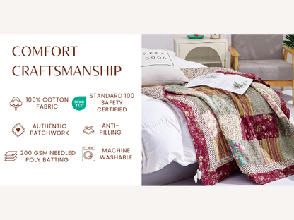 Tache Fairy Tale Tea Party Beige Burgundy Paisley Floral Cotton Patchwork Quilted Throw Blanket (DXJ103443) - - Blanket