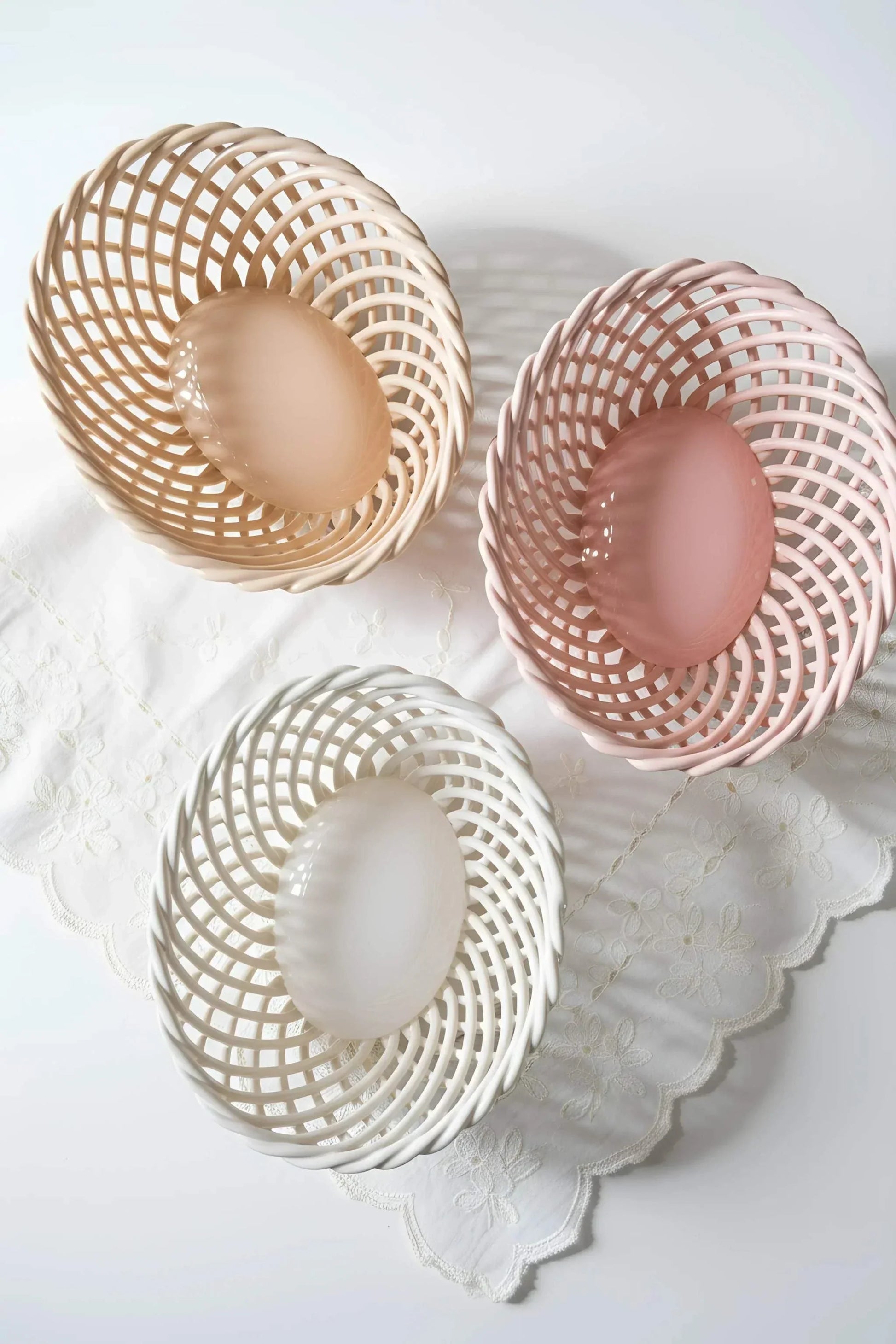 Hand-Woven Ceramic Basket -Small Oval Porcelain Dish in White, Beige & Pink - - Bowl