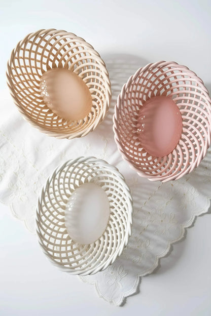 Hand-Woven Ceramic Basket -Small Oval Porcelain Dish in White, Beige & Pink - - Bowl