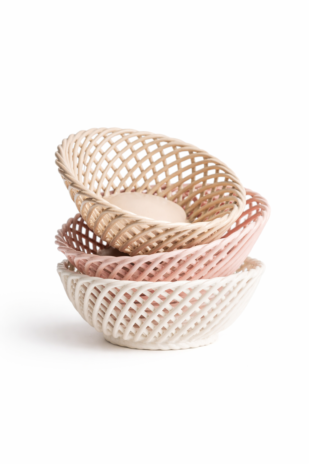 Hand-Woven Ceramic Basket -Small Oval Porcelain Dish in White, Beige & Pink - - Bowl