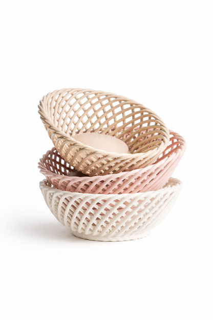 Hand-Woven Ceramic Basket -Small Oval Porcelain Dish in White, Beige & Pink - - Bowl