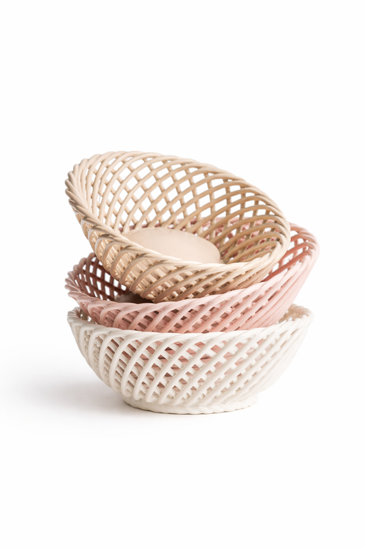 Hand-Woven Ceramic Basket -Small Oval Porcelain Dish in White, Beige & Pink - - Bowl