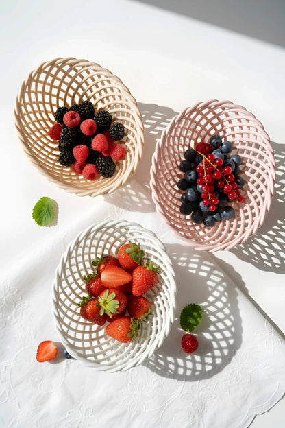 Hand-Woven Ceramic Basket -Small Oval Porcelain Dish in White, Beige & Pink - - Bowl