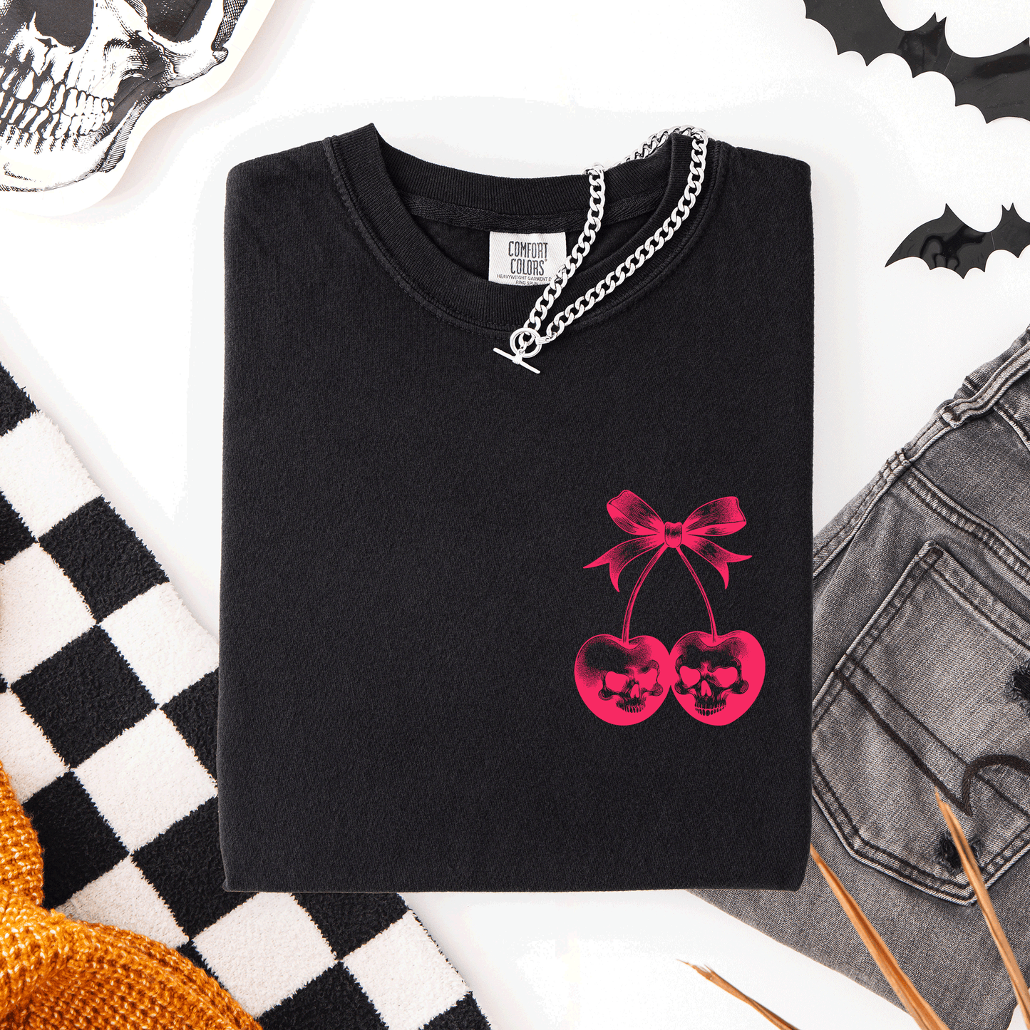 Spooky Skull Cherries Coquette Halloween Skeleton Limited Edition Comfort Colors Tee - Black - T-Shirt