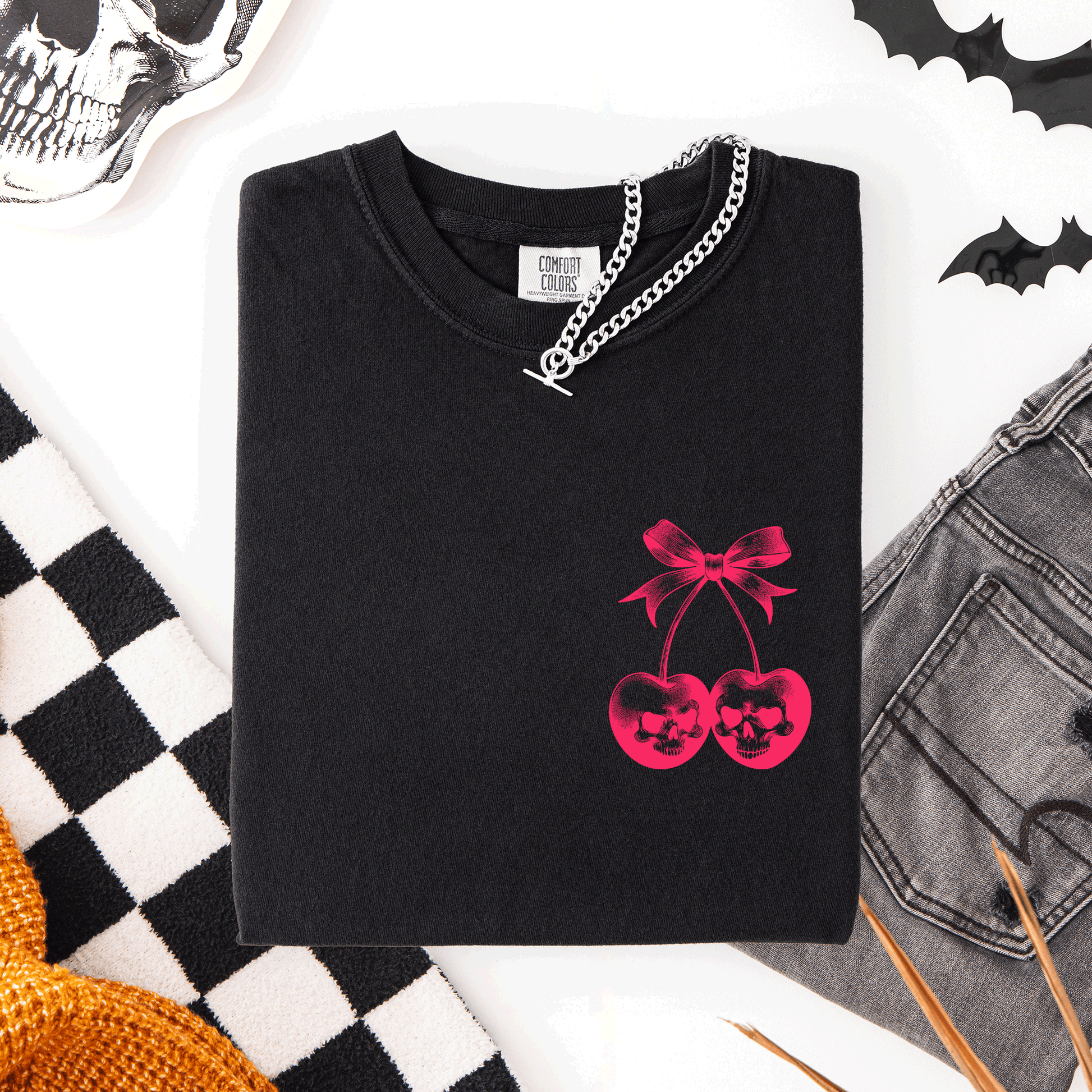 Spooky Skull Cherries Coquette Halloween Skeleton Limited Edition Comfort Colors Tee - Black - T-Shirt