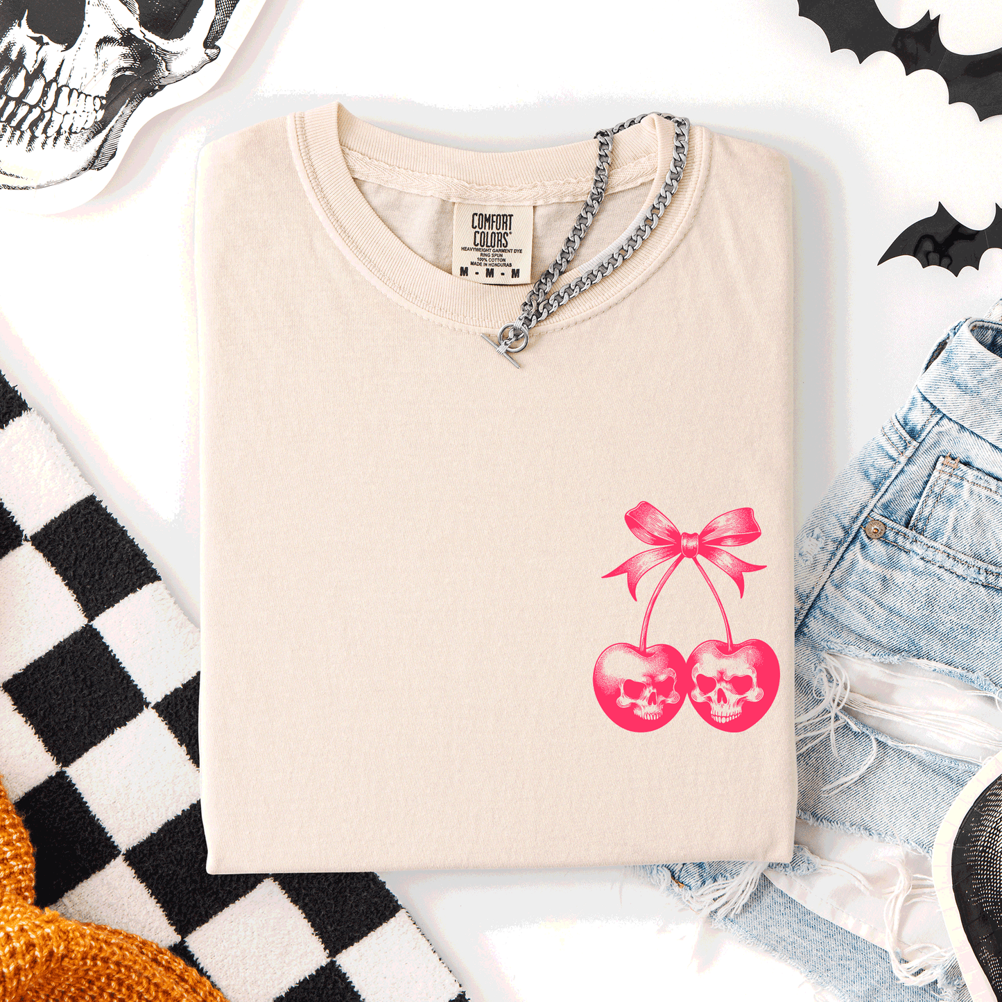 Spooky Skull Cherries Coquette Halloween Skeleton Limited Edition Comfort Colors Tee - Ivory Cream - T-Shirt