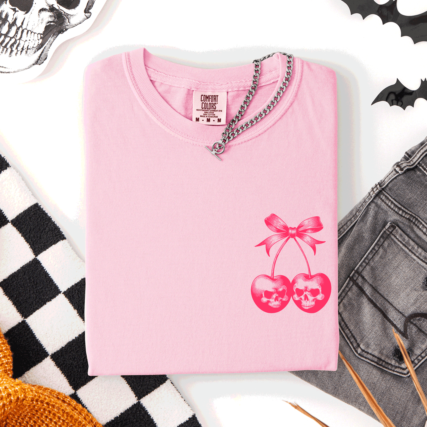 Spooky Skull Cherries Coquette Halloween Skeleton Limited Edition Comfort Colors Tee - Blossom Soft Pink - T-Shirt