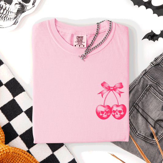 Spooky Skull Cherries Coquette Halloween Skeleton Limited Edition Comfort Colors Tee - Blossom Soft Pink - T-Shirt