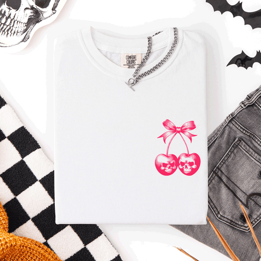 Spooky Skull Cherries Coquette Halloween Skeleton Limited Edition Comfort Colors Tee - White - T-Shirt