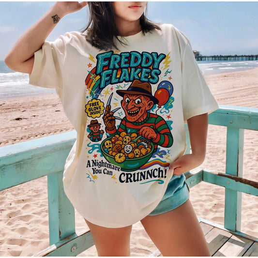 Spooky Horror Cereal Tee - Funny Halloween Killer Breakfast Shirt, Creepy Cereal Box Graphic - FREDDY FLAKES - T-Shirt