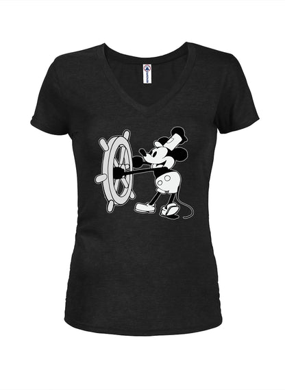 Steamboat Willie T-Shirt - Black Girls V Neck -