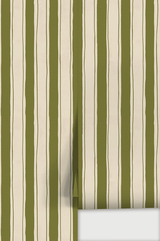 Riviera Stripe Wallpaper, off-white and olive green - Peel & Stick LUXE - Wallpaper