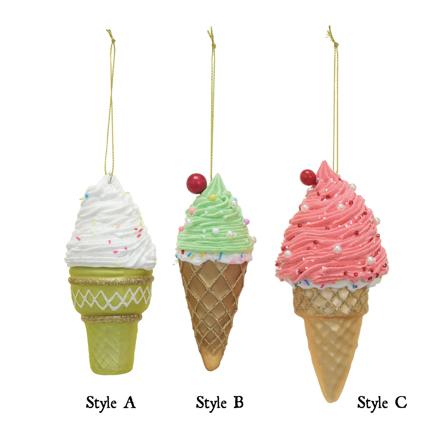 Ice Cream Cone Ornaments with Glitter & Beads - - Christmas