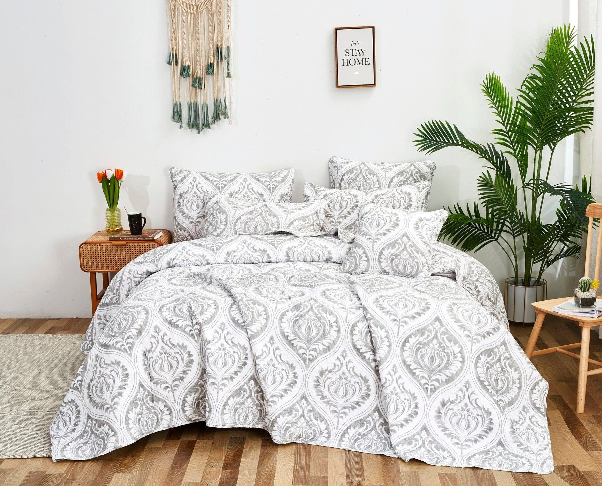 Tache Dreamy Moon Sky Ogee Damask Heather Gray White Quilt Set (TB300) - - Quilt / Bedspread