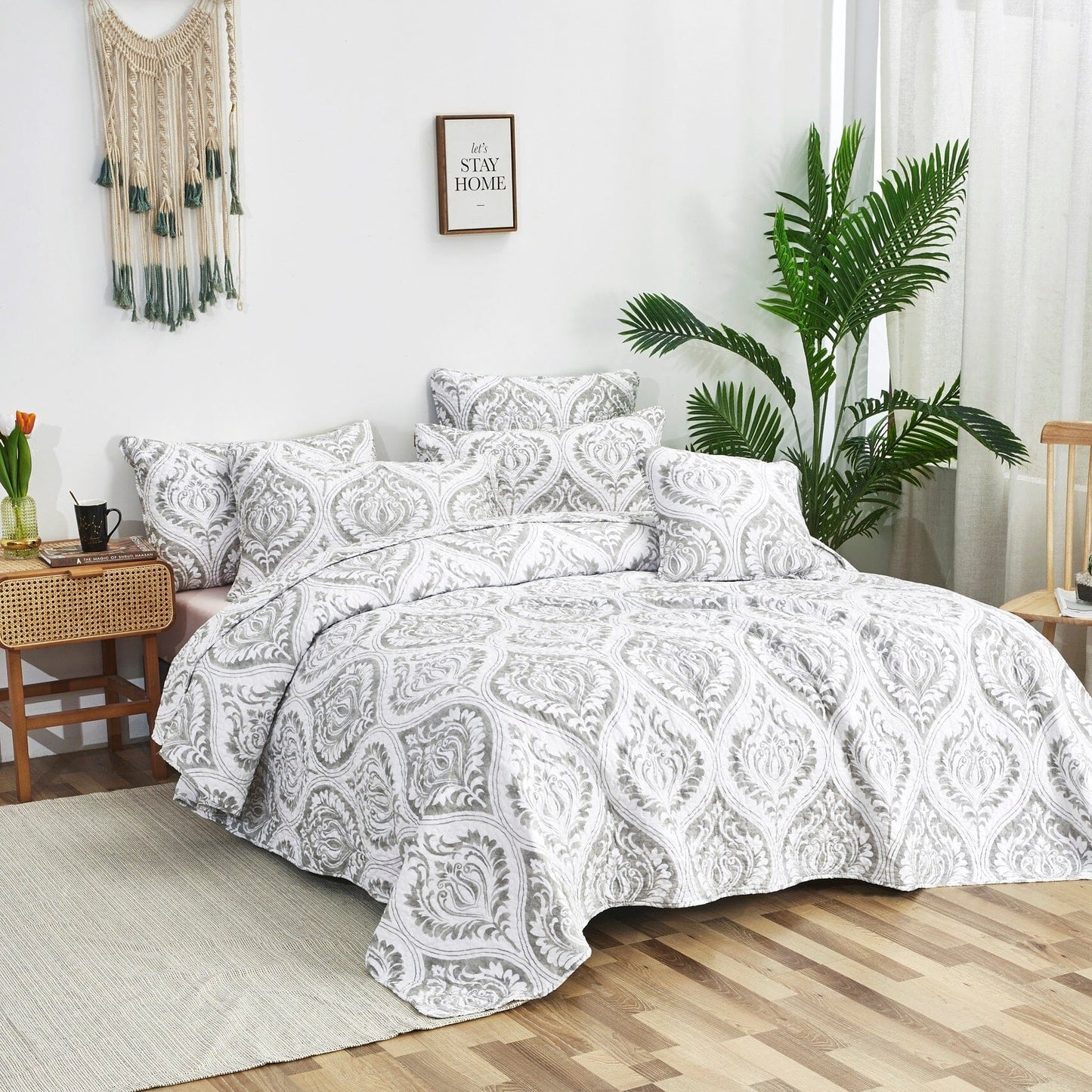 Tache Dreamy Moon Sky Ogee Damask Heather Gray White Quilt Set (TB300) - - Quilt / Bedspread