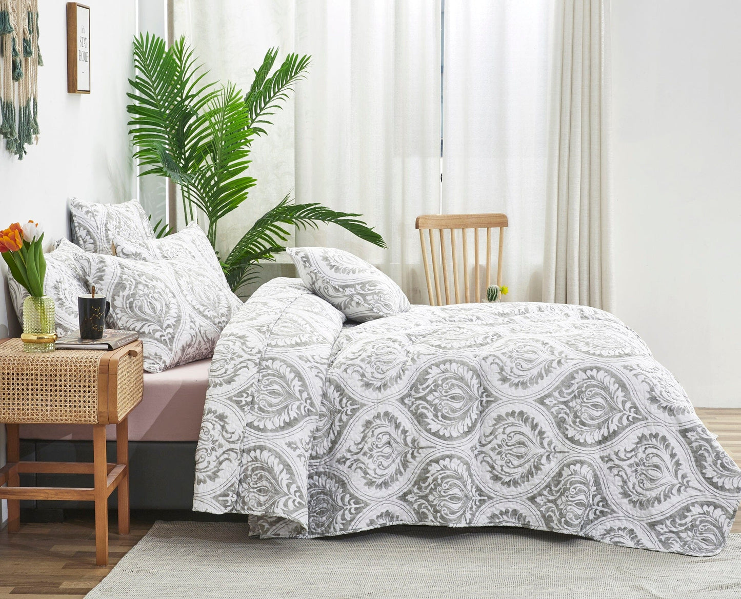 Tache Dreamy Moon Sky Ogee Damask Heather Gray White Quilt Set (TB300) - - Quilt / Bedspread