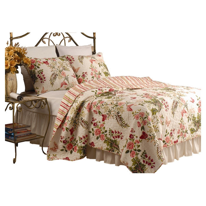 Twin size 100% Cotton Quilt Set with Sham in Pink Floral Butterfly - - Bedroom > Quilts & Blankets