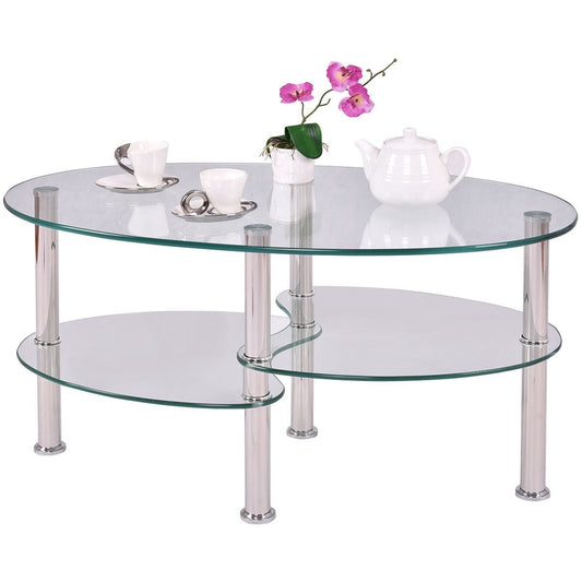 Modern Oval Tempered Glass Coffee Table with Bottom Shelf - - Living Room > Coffee Tables