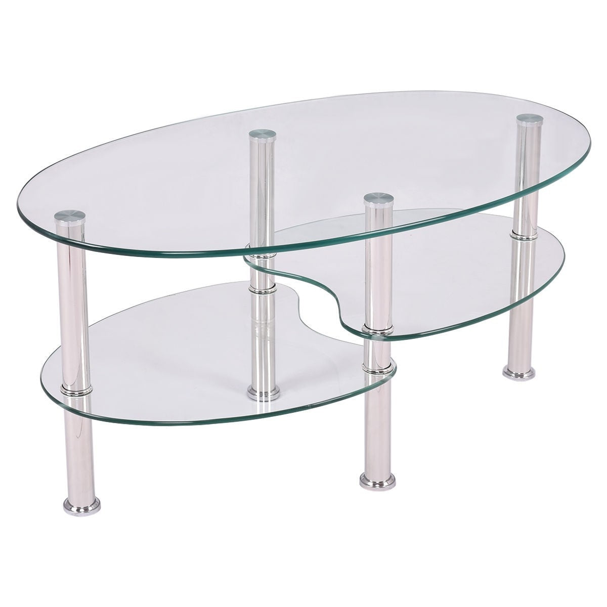 Modern Oval Tempered Glass Coffee Table with Bottom Shelf - - Living Room > Coffee Tables