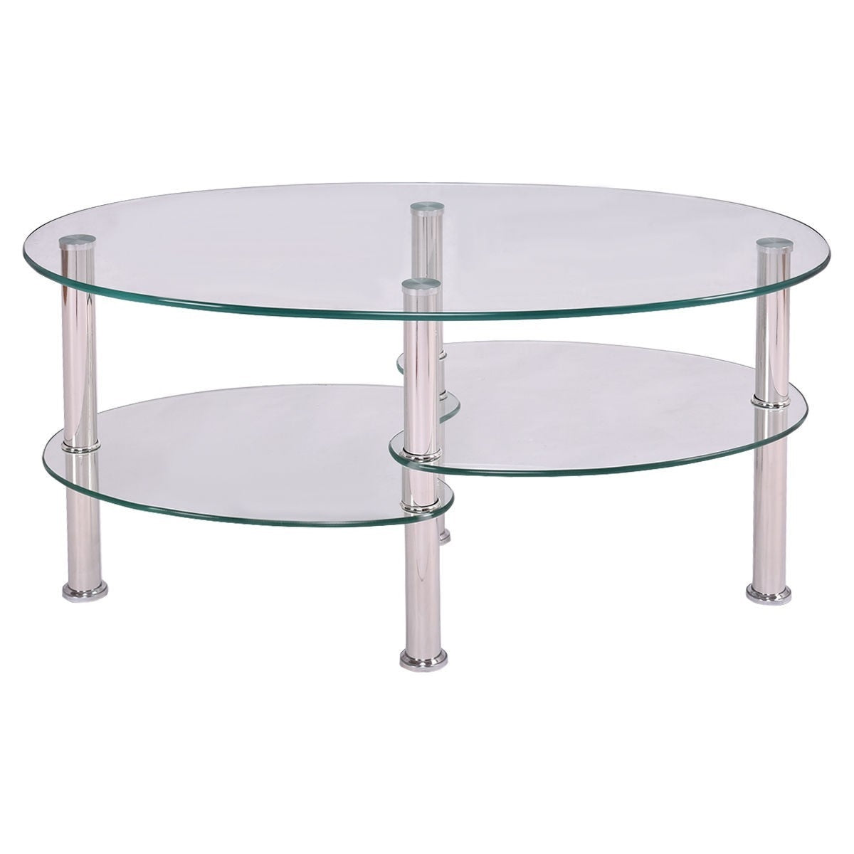 Modern Oval Tempered Glass Coffee Table with Bottom Shelf - - Living Room > Coffee Tables