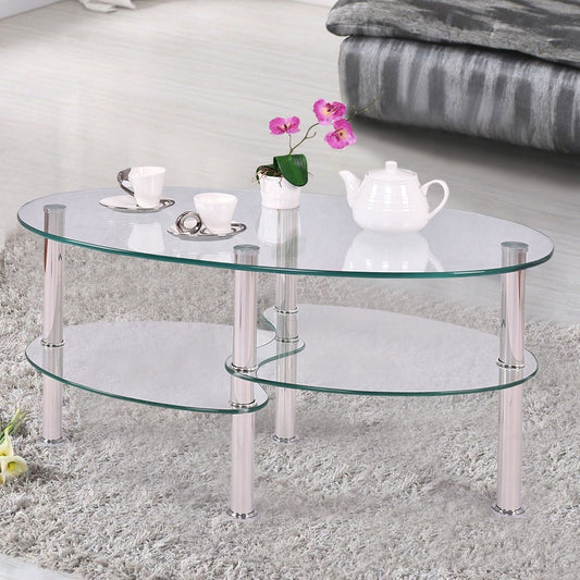 Modern Oval Tempered Glass Coffee Table with Bottom Shelf - - Living Room > Coffee Tables
