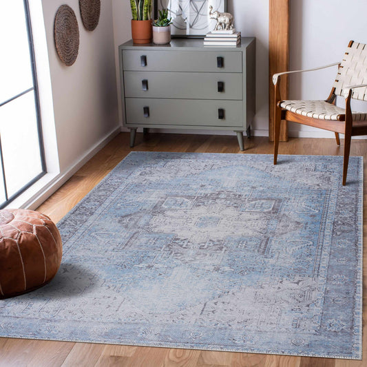 Aqua Rosman Washable Area Rug - - Rugs