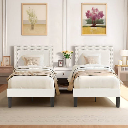 Set of 2 - Twin size White Tufted Upholstered Platform Bed Frame with Headboard - - Bedroom > Bed Frames > Platform Beds