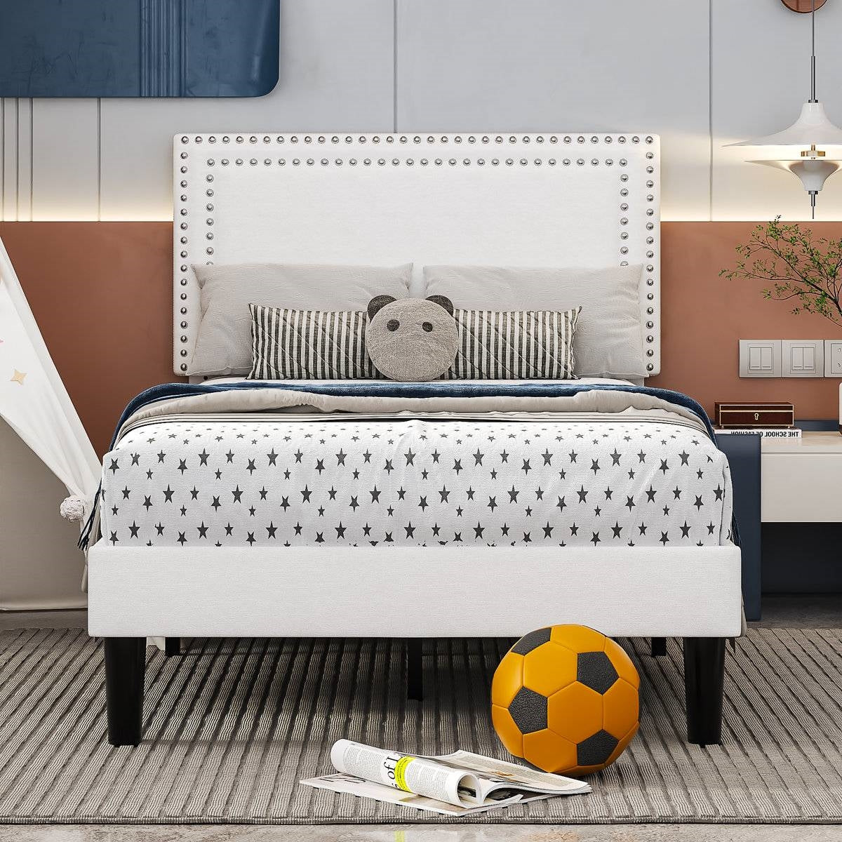 Set of 2 - Twin size White Tufted Upholstered Platform Bed Frame with Headboard - - Bedroom > Bed Frames > Platform Beds