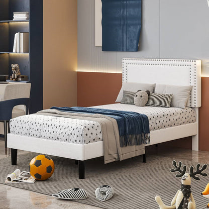 Set of 2 - Twin size White Tufted Upholstered Platform Bed Frame with Headboard - - Bedroom > Bed Frames > Platform Beds
