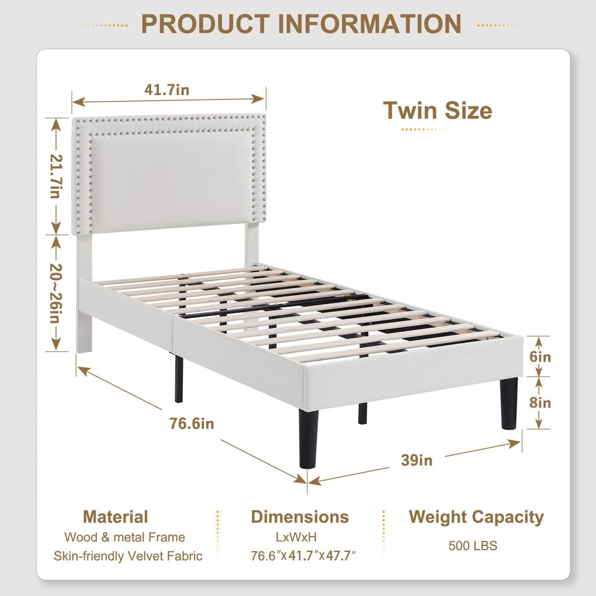 Set of 2 - Twin size White Tufted Upholstered Platform Bed Frame with Headboard - - Bedroom > Bed Frames > Platform Beds