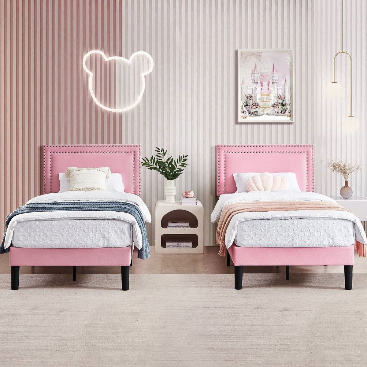 Set of 2 - Twin size Pink Upholstered Platform Bed with Nailhead Trim Headboard - - Bedroom > Bed Frames > Platform Beds