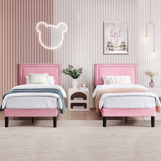 Set of 2 - Twin size Pink Upholstered Platform Bed with Nailhead Trim Headboard - - Bedroom > Bed Frames > Platform Beds