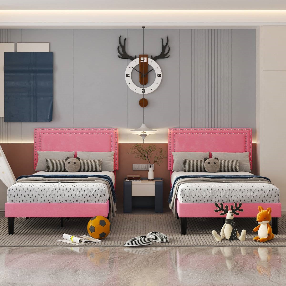 Set of 2 - Twin size Pink Upholstered Platform Bed with Nailhead Trim Headboard - - Bedroom > Bed Frames > Platform Beds