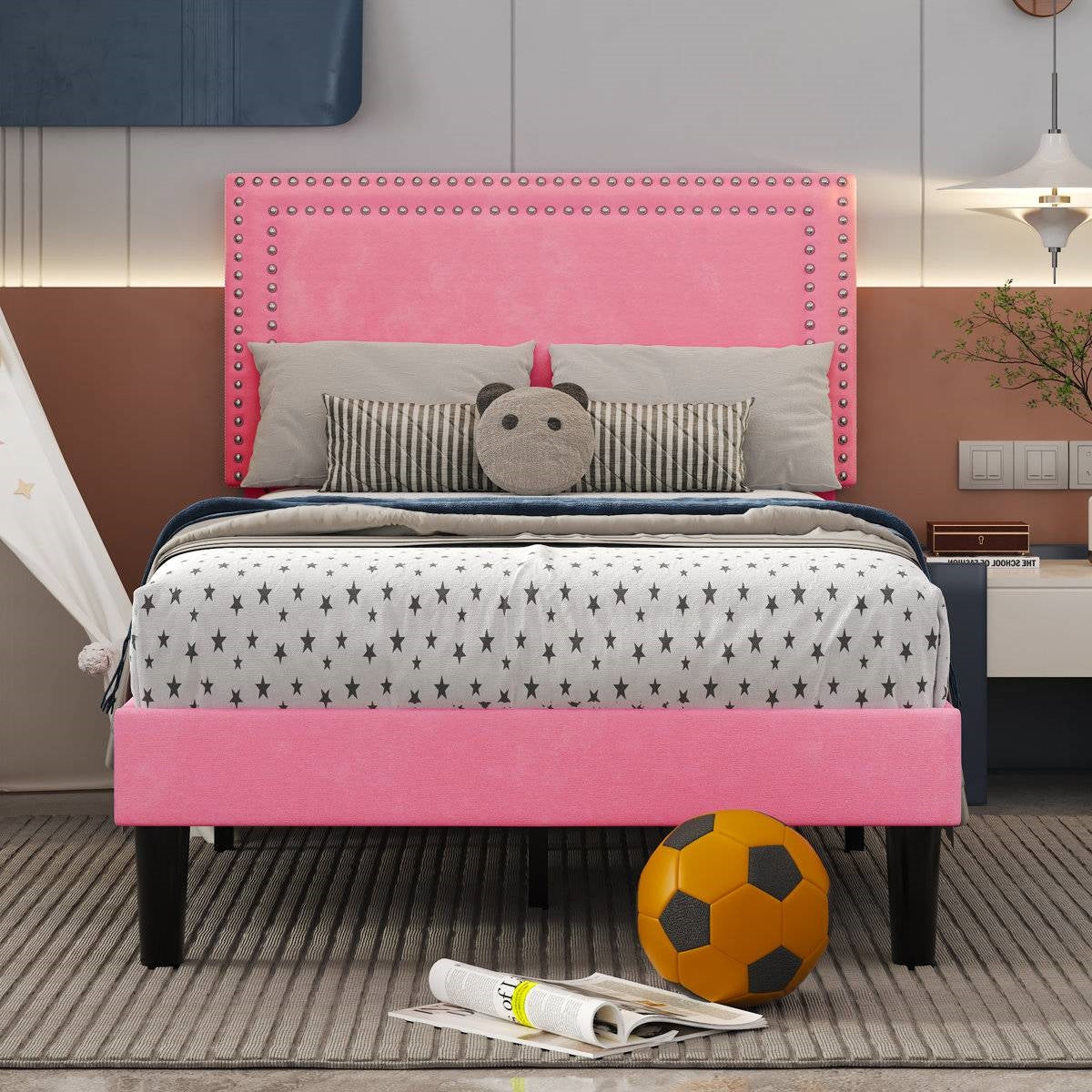 Set of 2 - Twin size Pink Upholstered Platform Bed with Nailhead Trim Headboard - - Bedroom > Bed Frames > Platform Beds