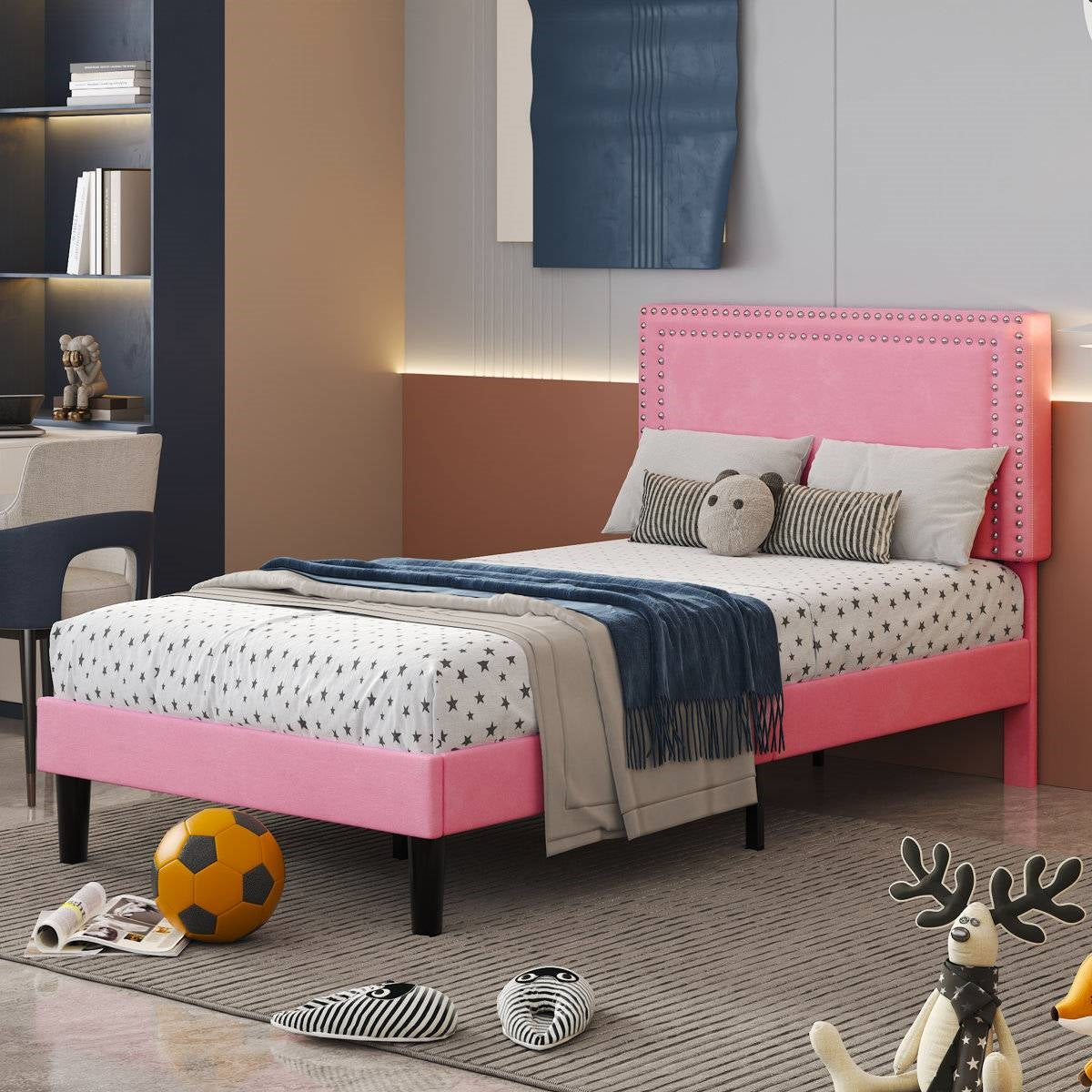 Set of 2 - Twin size Pink Upholstered Platform Bed with Nailhead Trim Headboard - - Bedroom > Bed Frames > Platform Beds