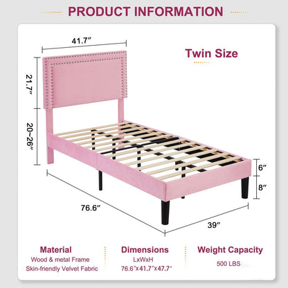 Set of 2 - Twin size Pink Upholstered Platform Bed with Nailhead Trim Headboard - - Bedroom > Bed Frames > Platform Beds