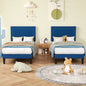 Set of 2 - Twin Dark Blue Upholstered Platform Bed with Nailhead Trim Headboard - - Bedroom > Bed Frames > Platform Beds