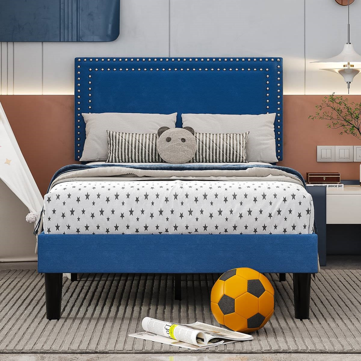 Set of 2 - Twin Dark Blue Upholstered Platform Bed with Nailhead Trim Headboard - - Bedroom > Bed Frames > Platform Beds